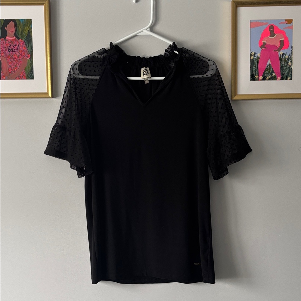 ❤️Anne Klein Black Blouse with Sheer Polka Dot Sleeves
